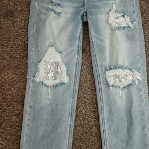 Risen Distressed Light Blue Jeans with Sequin Accents
